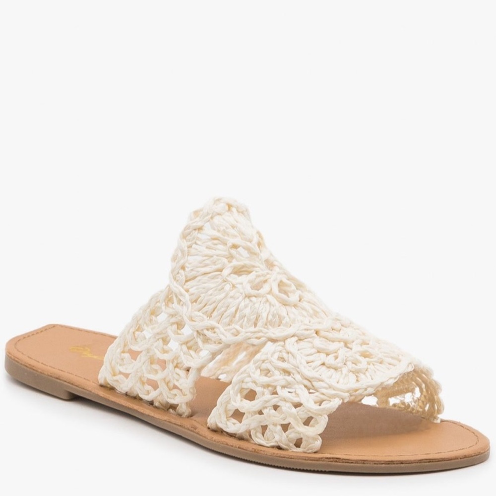 Qupid Athena Off-White Western Trend Crochet Flat Sandal - Picture 8 of 14
